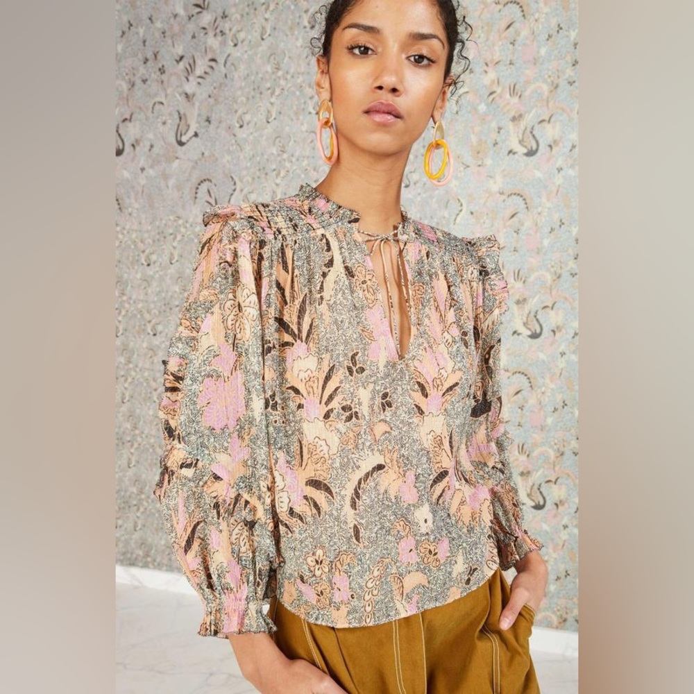 Ulla Johnson Lara Birds Of Paradise Blouse Top Silk Blend Metallic Floral Size 6